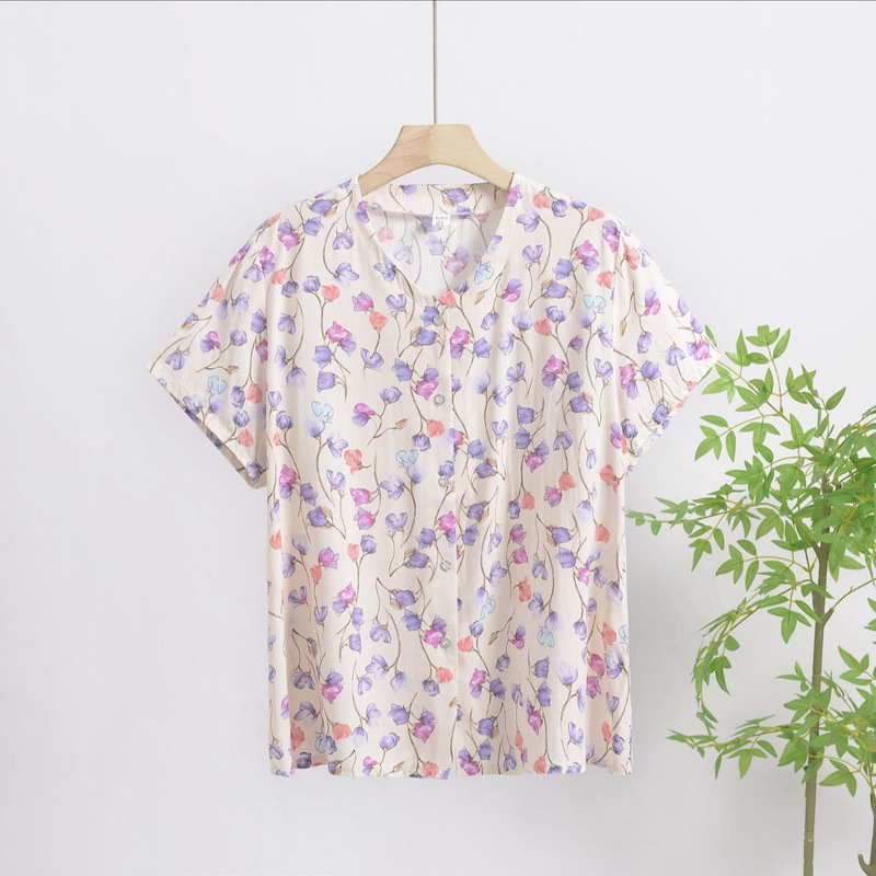 2025 Summer New Arrival Loose Floral Print Casual Artificial Cotton Button Short-sleeved T-shirt Top Loose Comfortable