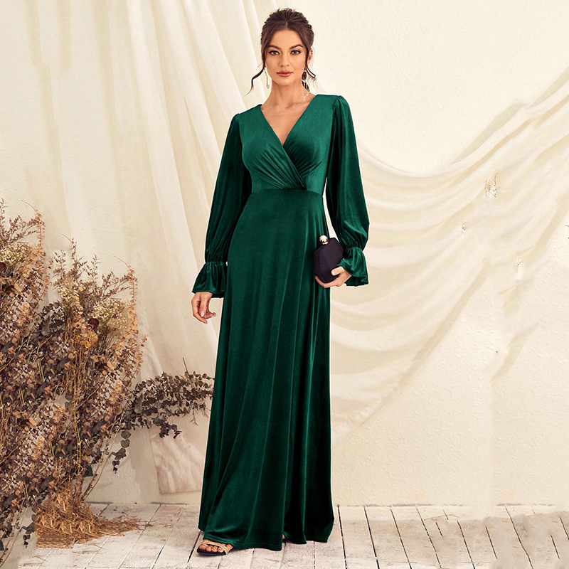 Vestido de Noche para Comercio Exterior de Amazon, Nuevo Vestido de Primavera con Cintura Ajustada, Vestido de Banquete de Gasa con Cuello en V, Manga Larga, de una Pieza, Dropshipping
