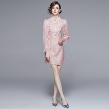 名媛轻奢时尚刺绣亮片连衣裙女高级感减龄蕾丝粗花呢拼接短裙