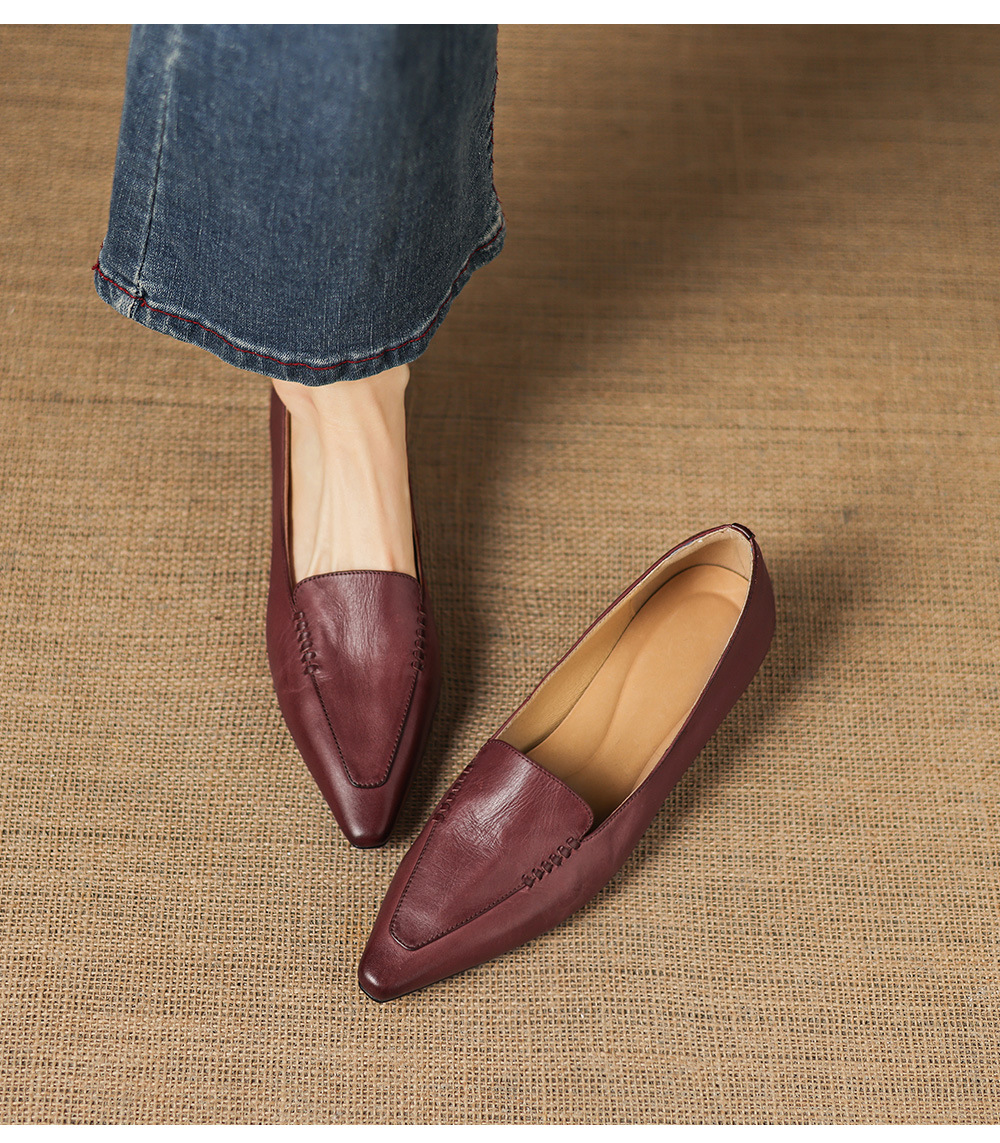 Giày da nữ mũi nhọn gót thấp phong cách vintage khóa thắt lưng — đen chi tiết 13