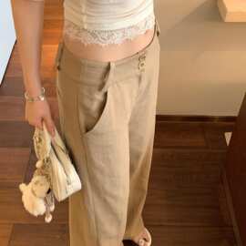 低腰显瘦亚麻休闲长裤女夏季薄款简约气质辣妹宽松垂感拖地裤