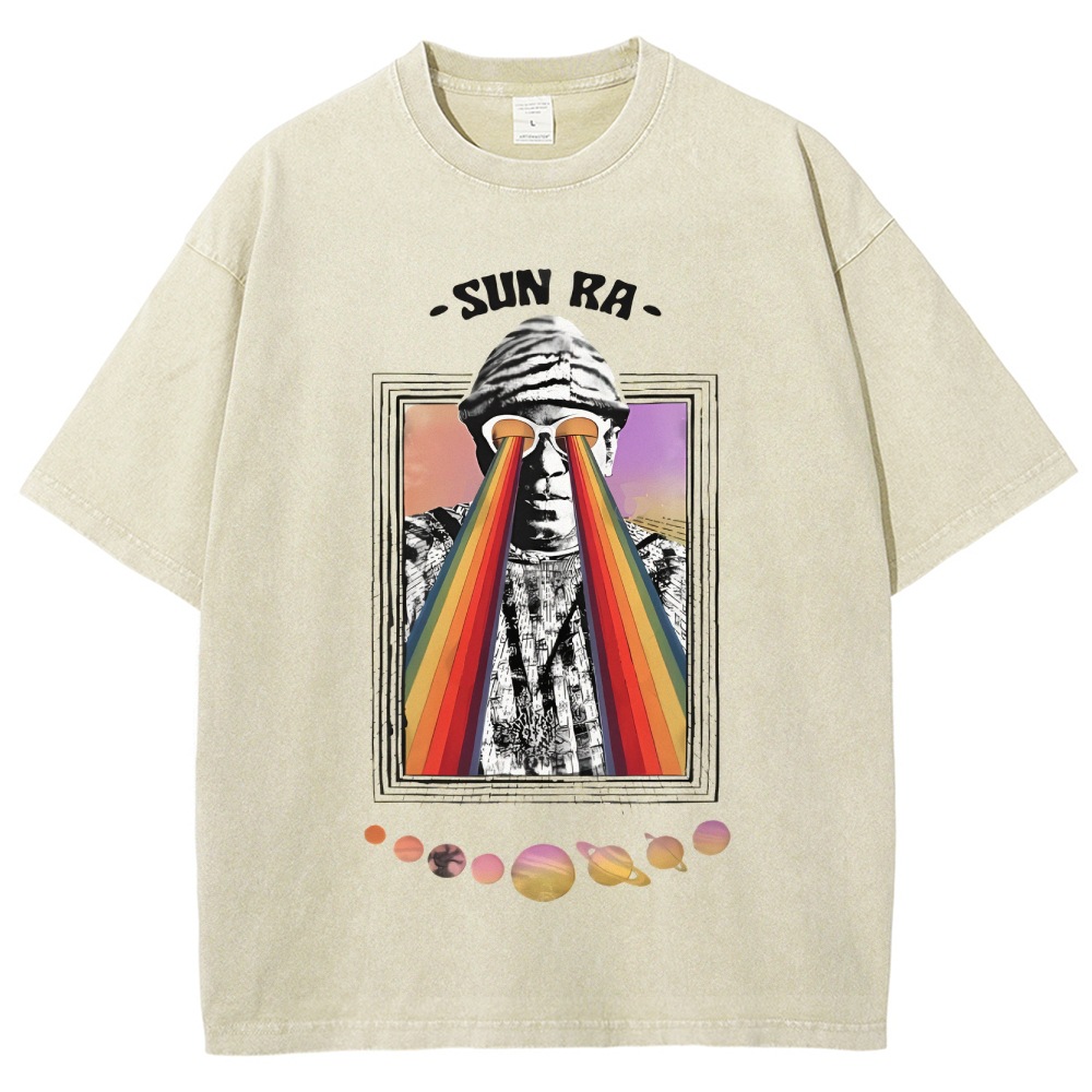 INS ホットセールメガネレインボーストリートクールレトロルーズラウンドネックピュアコットンメンズ Tシャツウォッシュ加工男性と女性用