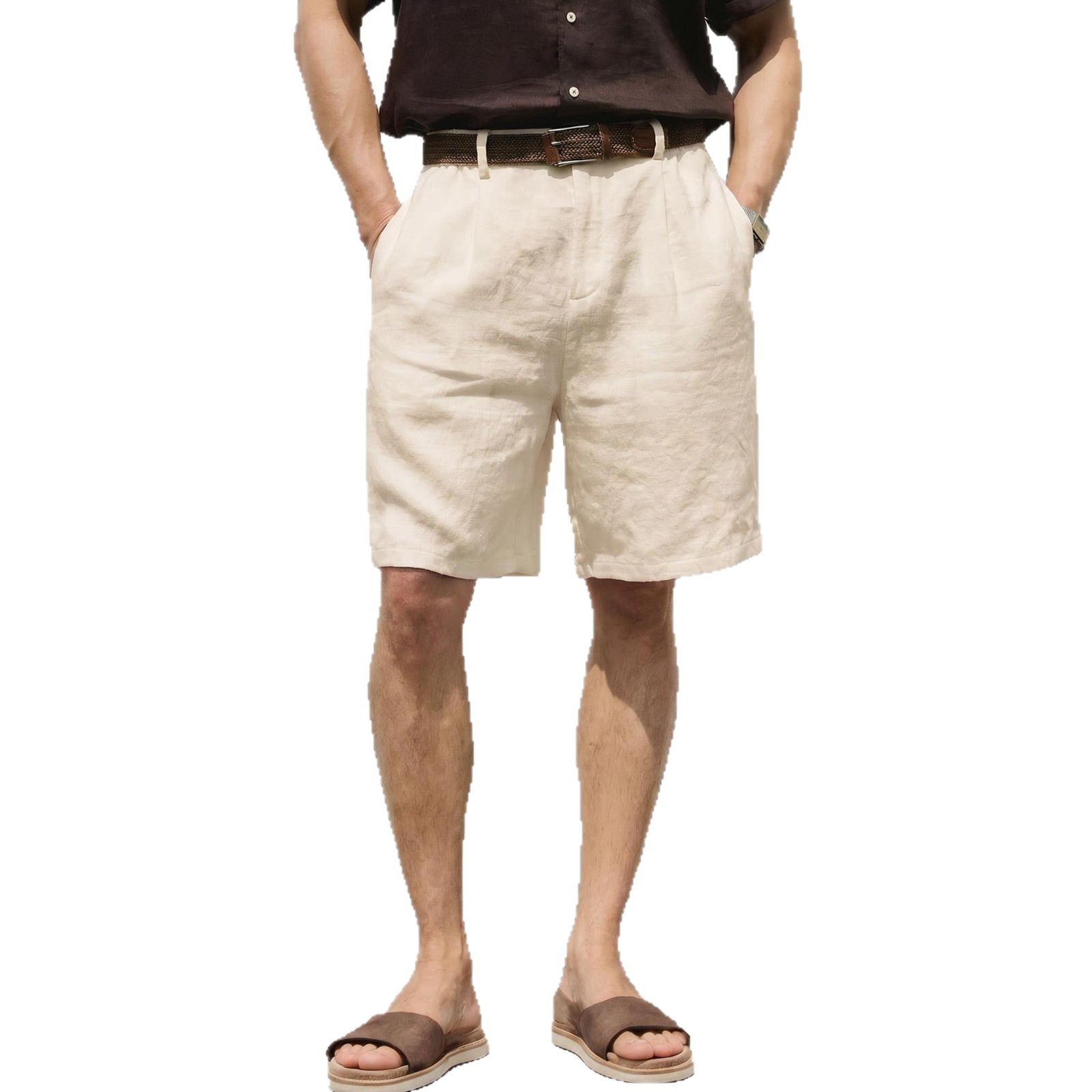 Vêtements pour hommes - Short en lin coupe ample et respirant, pantalon habillé décontracté mi-long style resort, polyvalent, en coton et lin_voghion.com