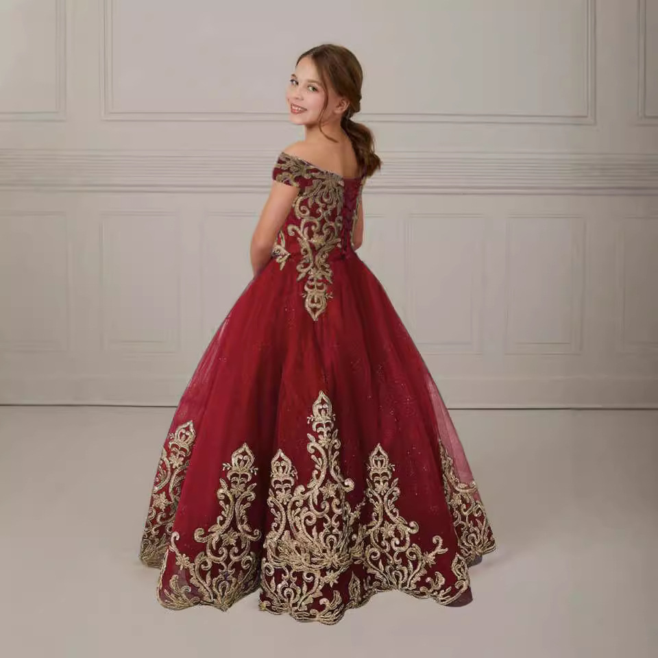 Vestido de niños europeo y americano, cuello de encaje, niña de las flores, anfitrión de piano para niños, fiesta de actuación, princesa larga, esponjoso