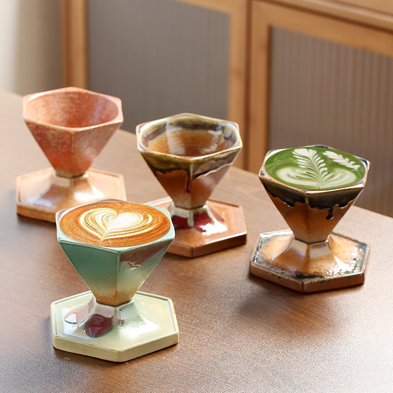 Stoneware coffee cup creative hexagonal Picnic Cup light luxury vintage ceramic mug Nordic design cone cup