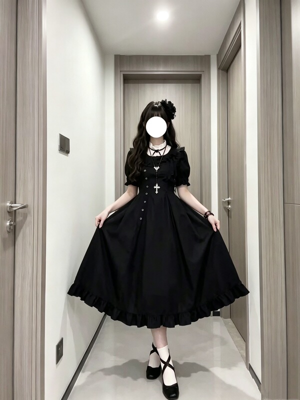 Black Lolita Dress with a Cinched Waist, Slimming Long Skirt, Elegant and Vintage Style, Lolita Dark Gothic Nun Style Black Lolita Dress with a Cinched Waist, Slimming Long Skirt, Elegant and Vintage Style, Lolita Dark Gothic Nun Style