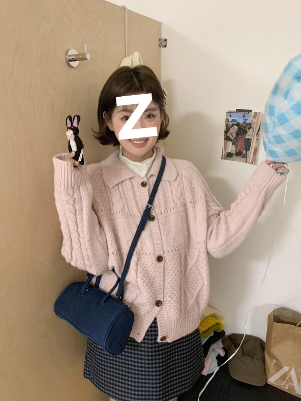 韩系甜美温柔粉色针织开衫毛衣女2025秋季翻领慵懒风外搭上衣外套|undefined