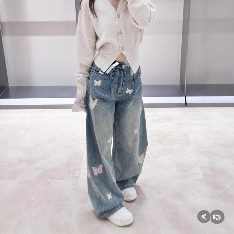 Ann New 2025 Vintage Butterfly 3D Embroidery Handmade Beaded Denim Pants Women's Loose Drape Wide-Leg Straight Pants