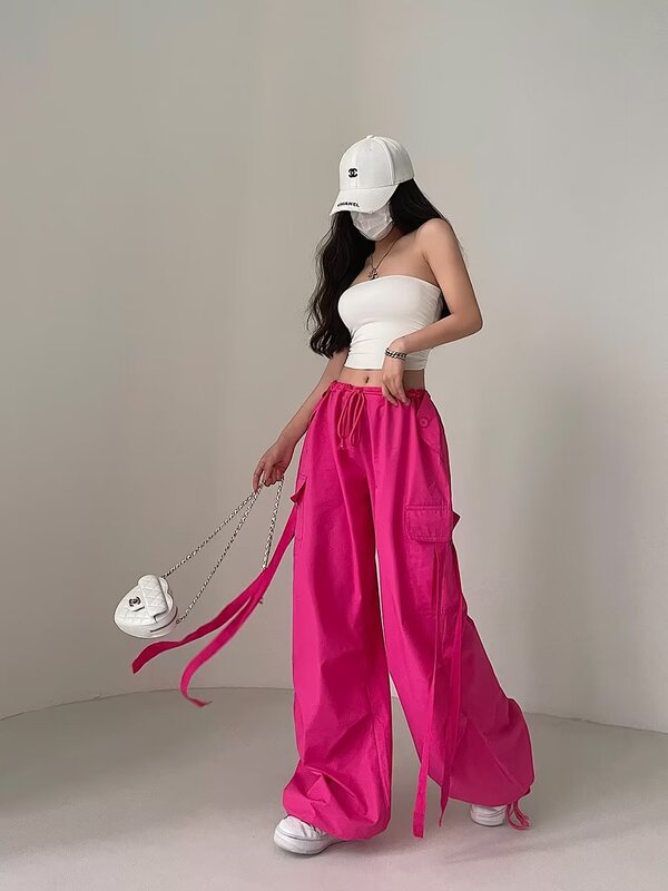 American Street Rose Pink Streamers Low Waist Loose Overalls Distinctive Multi-Pocket Elasto Legs Dance Casual Pants