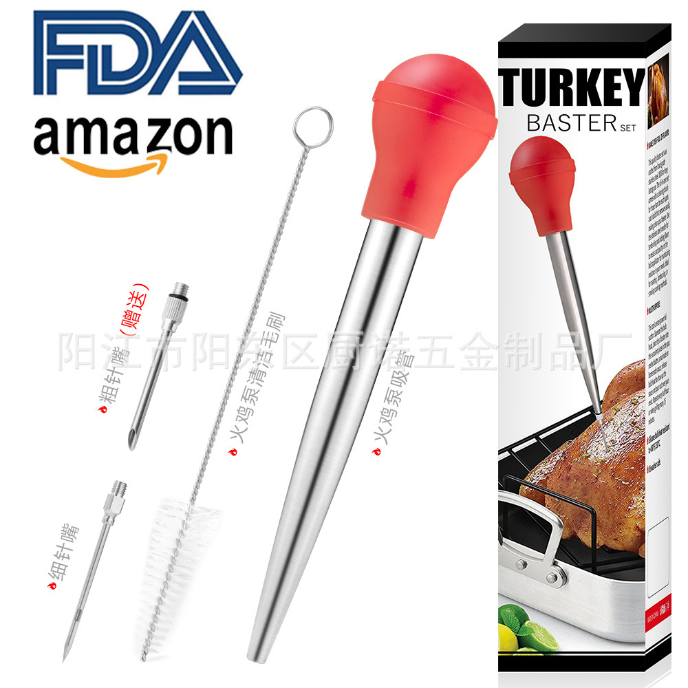 Stainless Steel Turkey Needle Seasoning Syringe Tool Barbecue Seasoning Silicone Pump Head Turkey Baster Set