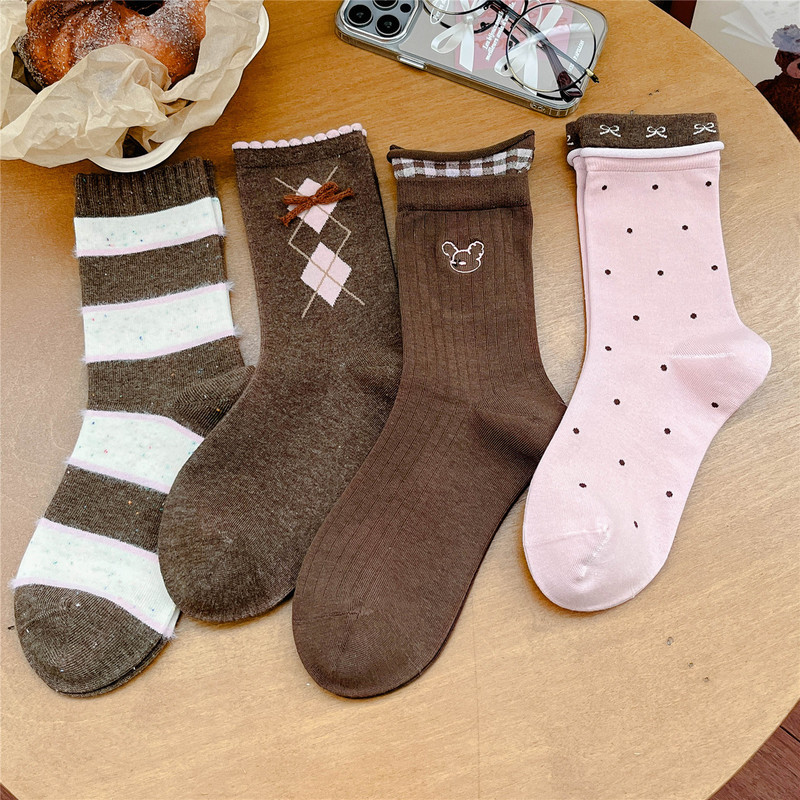 Brown Rose Coluli Mid-Calf Women's Socks Autumn and Winter Socks Women's Ins Trendy Women's Curled Stripesd Boneless Cotton Socks