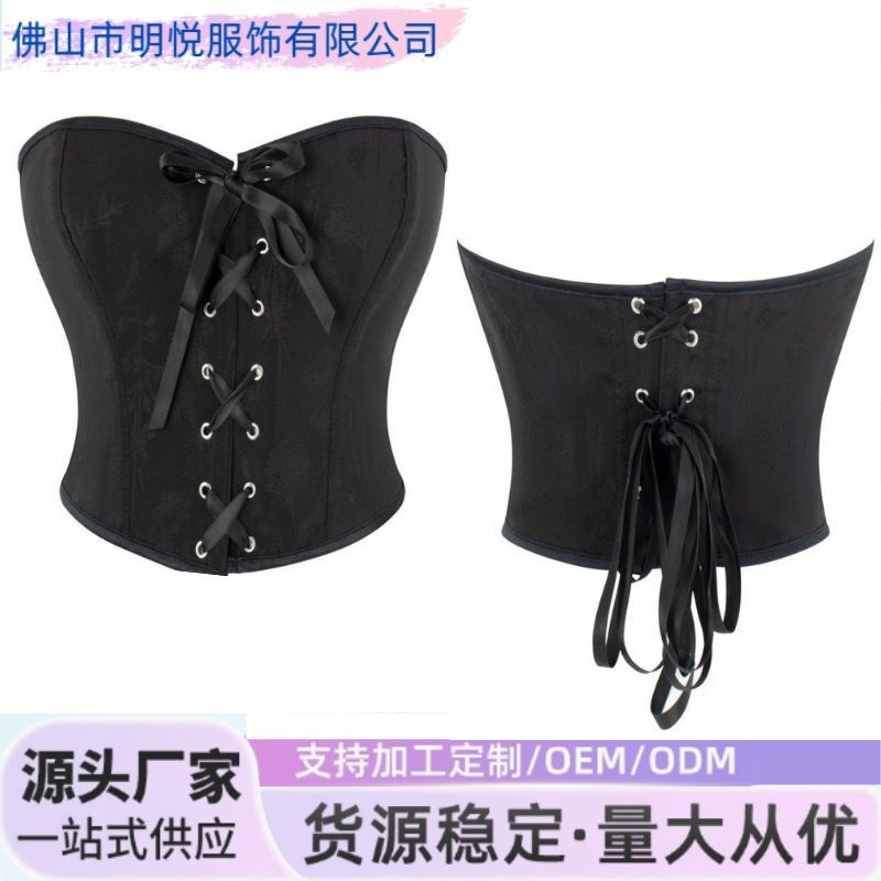New Black Jacquard Front Lace-Up Sexy Tight-Fitting Tube Top Breast-Supporting Fishbone Body-Shaping Top for Women to Wear Cross-Border Goods