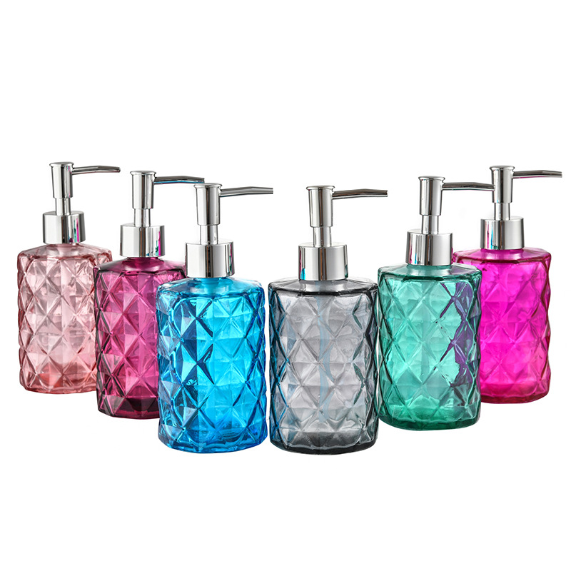 批发酒店用品彩色菱形洗手液瓶按压式沐浴乳分装器洗手液玻璃瓶