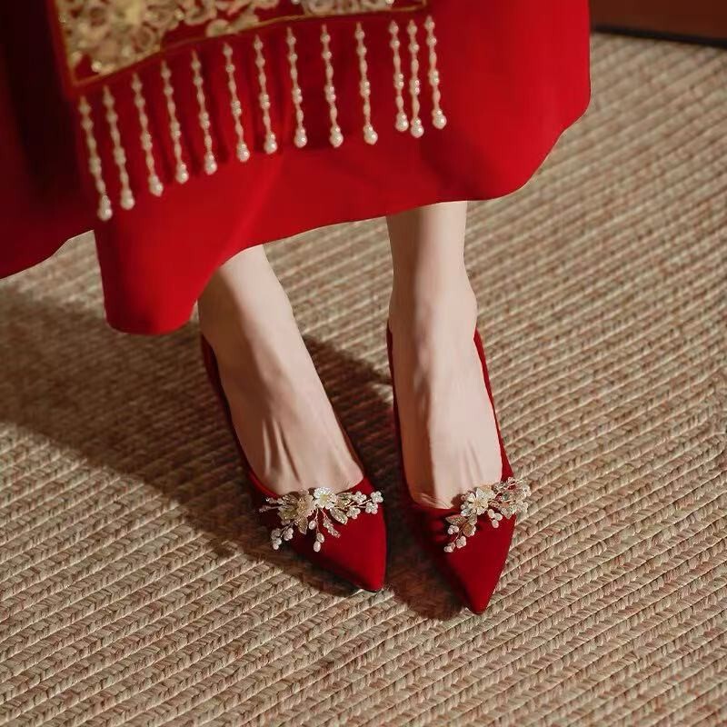 Red Wedding Shoes for Women, Xiuhe Suit, Two-Wear Stiletto Bridal Shoes, 2025 New Style, Thick Chinese-Style Dress for Pregnant Women