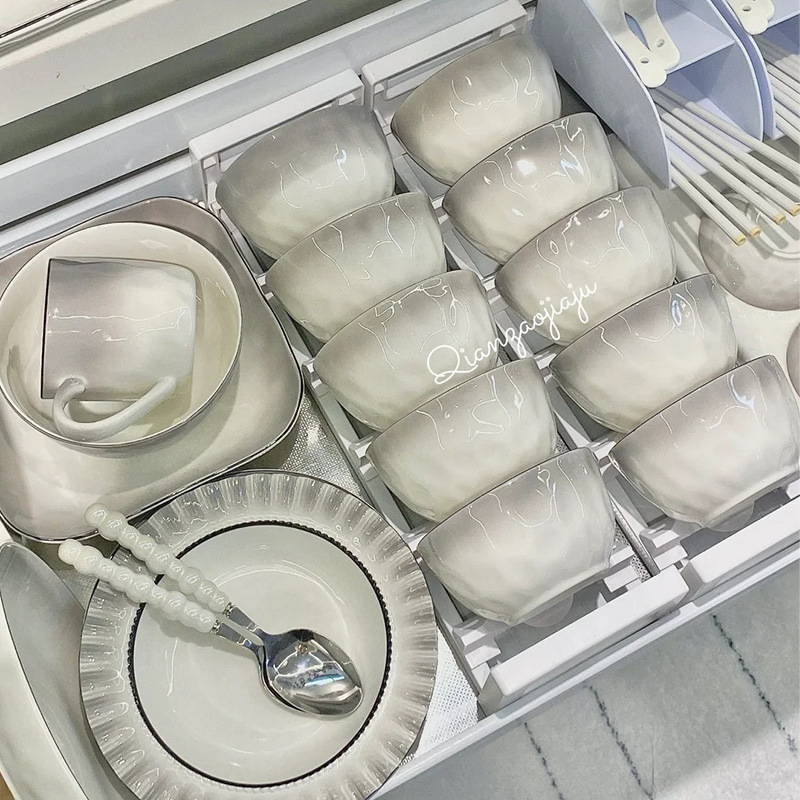 陶瓷手捏碗盘筷子组合纹碗碟碗盘套装高颜值米饭碗菜盘子家用餐具