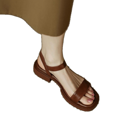 Cooling Sandals for Women - Summer Flat Soft Sole Genuine Leather French Roman Sandals with One Strap Buckle - Wide Size 35-42 Rough Heel