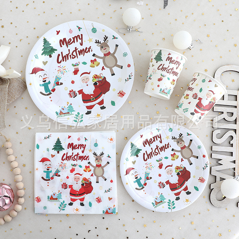 Christmas Party Supplies Disposable Paper Plate Paper Cup Dinner Plate Christmas Tableware suit Santa Claus Tissue Decoration