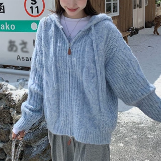 秋冬新款韩版软糯连帽双拉链针织开衫毛衣外套女宽松慵懒风纯色上