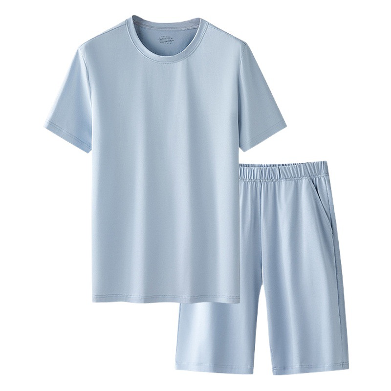 Traje de pijama antiarrugas para hombres de primavera y verano de algodón mercerizado de terciopelo largo, pantalones cortos de manga corta de color sólido fino fresco en stock