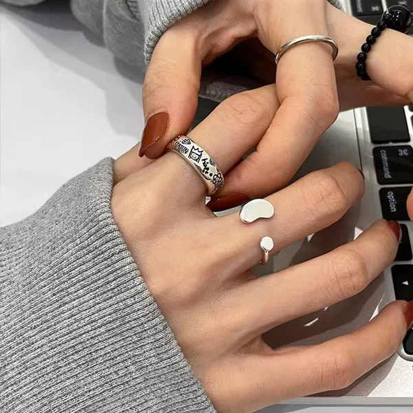 Korean and Japanese S925 Silver-Plated Personalized Graffiti Ring for Women, Vintage Fashion Geometric Irregular Open Ring Hip-Hop Index Finger