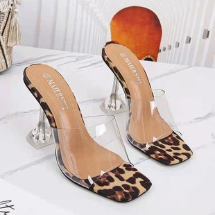 Foreign trade 43 plus size slippers 2021 summer new European and American stiletto heel fashion sandals women's transparent leopard print high heels