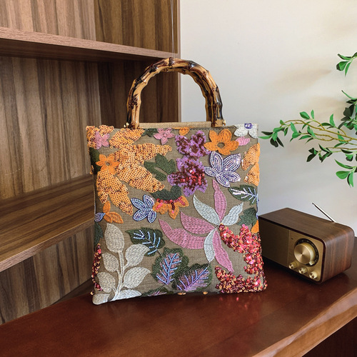 Elegant Bamboo-Node Handbag with Colorful Sparkling Beads, Retro Women's Shoulder Bag, Heavy Work Embroidery Trendy Evening Purse