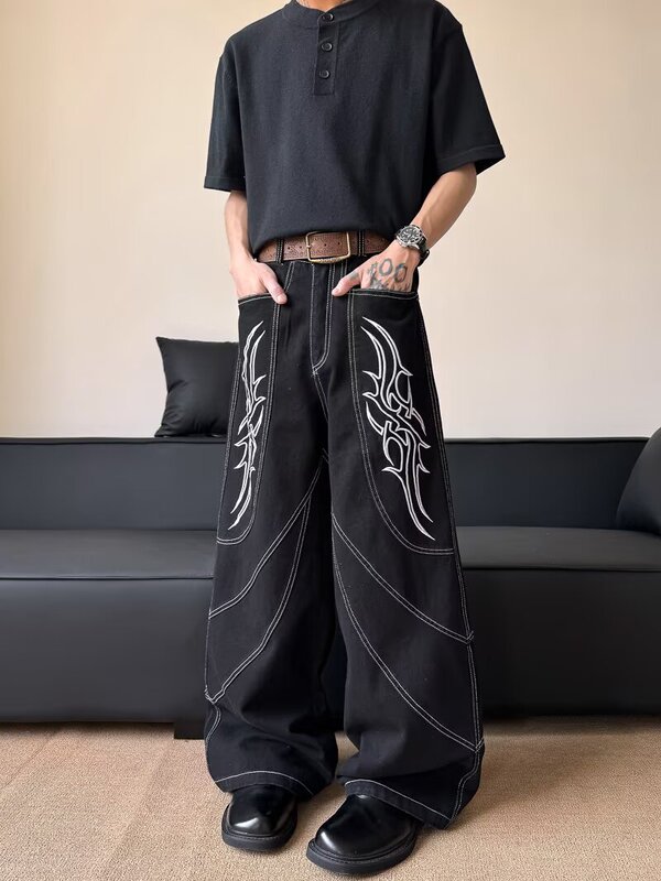 小众解构刺绣牛仔裤男春秋vibe风美式街头宽松休闲痞帅直筒阔腿裤|undefined