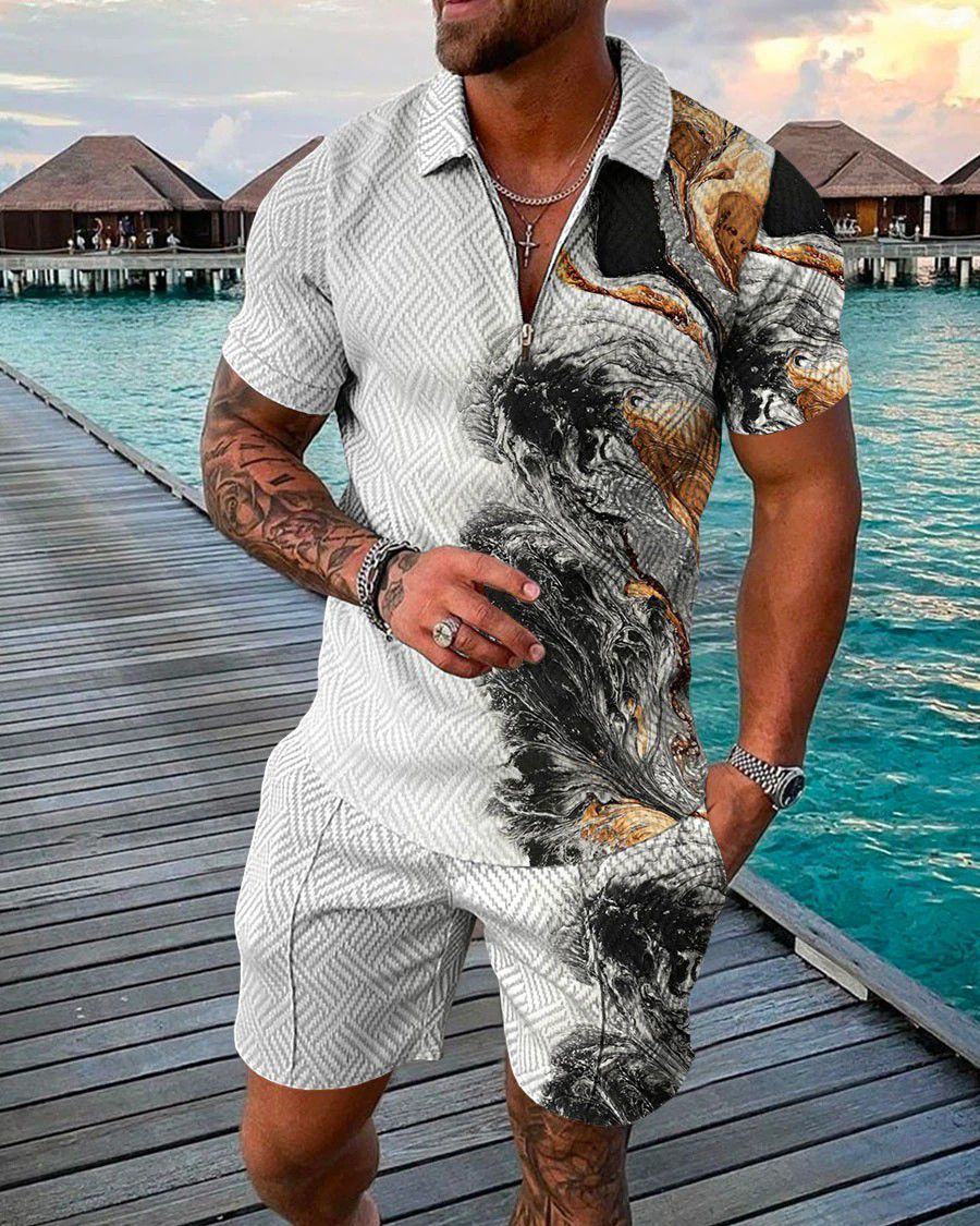 공장 대외 무역 독립 역 남자의 오픈 칼라 지퍼 셔츠 3D 인쇄 남자의 반팔 비치 바지 투피스 세트