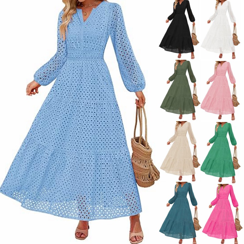 2026 European and American Foreign Trade Cross-Border Women's Clothing Amazon Hot-Selling V-Neck Hollow-Out Eyelet A-Line Waist-Cinching Long-Sleeve Dress