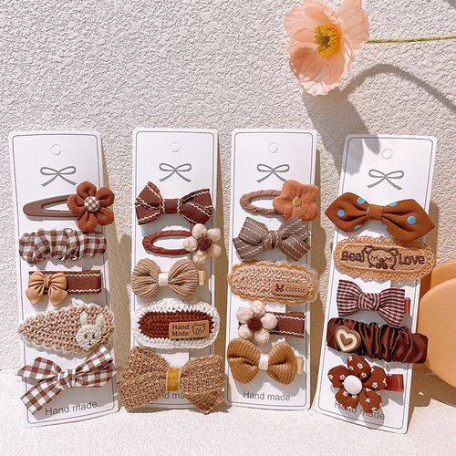 5 Pack Korean Style Milk Tea Color Sweet Fabric Bow Hair Clips for Kids, Cute Cartoon BB Clips for Little Girls, Edge Clips