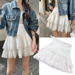 2025 Summer Maternity Skirt with Double-Layered Hem, Cake Lace Trim, Versatile Anti-Exposure Puffy Skirt