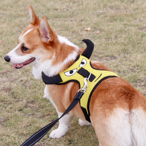 Pet it Cartoon Corgi Dog Chest and Back Small Dog Adjustable Anti-breakaway Harness Nylon Pet Leash Set