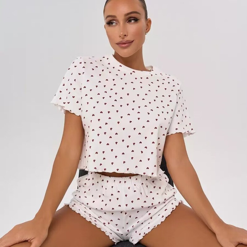 Cross-border Russian home wear cotton heart print short-sleeve shorts two-piece pajama set for women, European and American style, can be worn outside Cross-border Russian home wear cotton heart print short-sleeve shorts two-piece pajama set for women, European and American style, can be worn outside