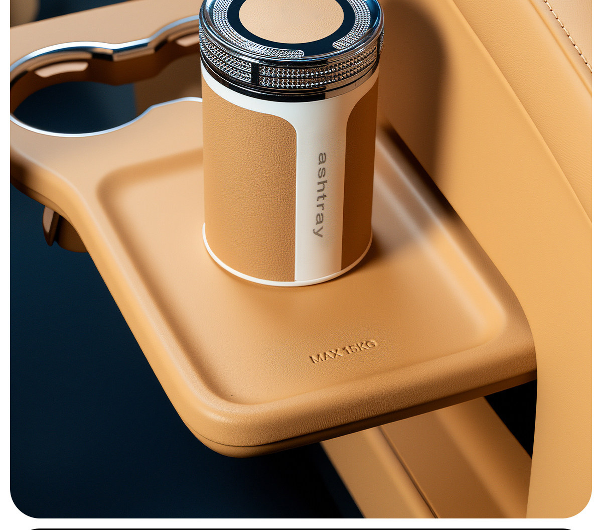 Car-mounted ashtray with lid, black, sealed, leather-textured, flame-retardant interior, ceramic, high-end, for use inside the car