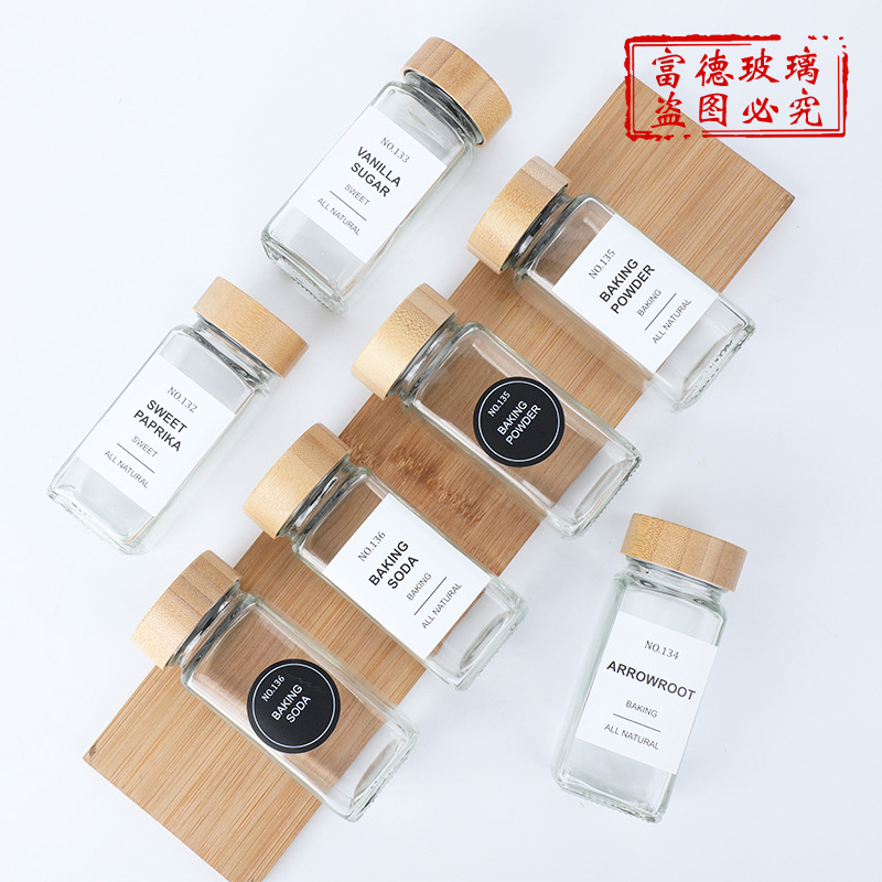 Amazon cuadrado condimento botella traje Spice Jar cocina vidrio condimento botella bambú madera tapa barbacoa comino condimento botella