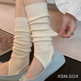 靴尚棉踩脚袜套春秋针织纯色芭蕾风堆堆袜双针miu系竖条纹小腿袜