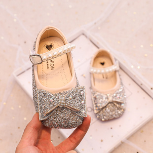 Girls Bright Diamond Princess Shoes 2025 Spring New Korean Style Bow Shoes Little Girls Soft Sole Pearl Crystal Shoes