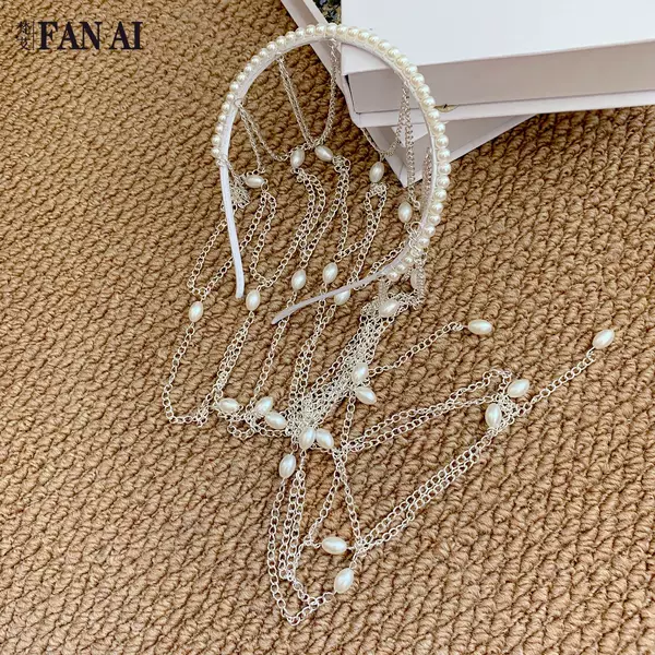 Fanai Cross-border Temu Pearl Extended Hairnet Headpiece with Tassels, Festive Party Atmosphere Hair Accessory SA222
