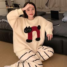 韩版ins半边绒圆领睡衣女秋冬加厚保暖卡通少女套装家居服可外穿