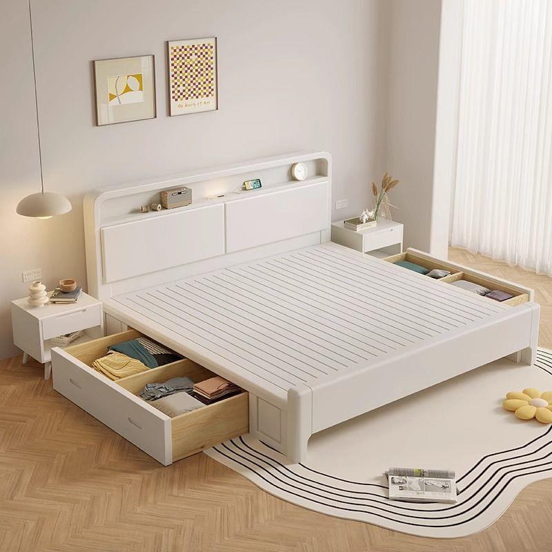Cama de madera sólida blanca nórdica simple moderna crema 1.8 doble cama principal 1.2m cama individual pequeña cama de almacenamiento