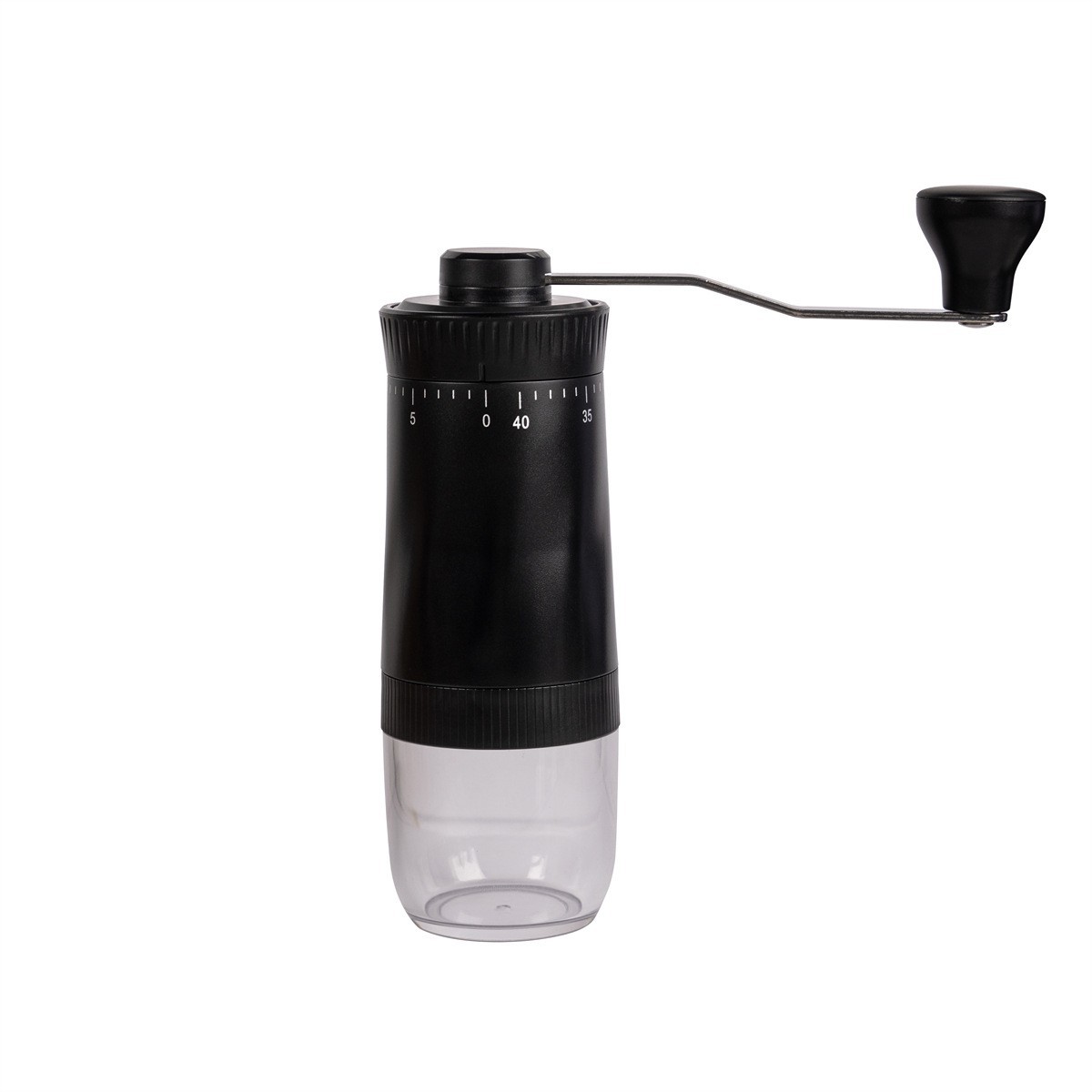 Molinillo de café manual HD-A62 negro, con ajuste externo de 40 velocidades y manivela.