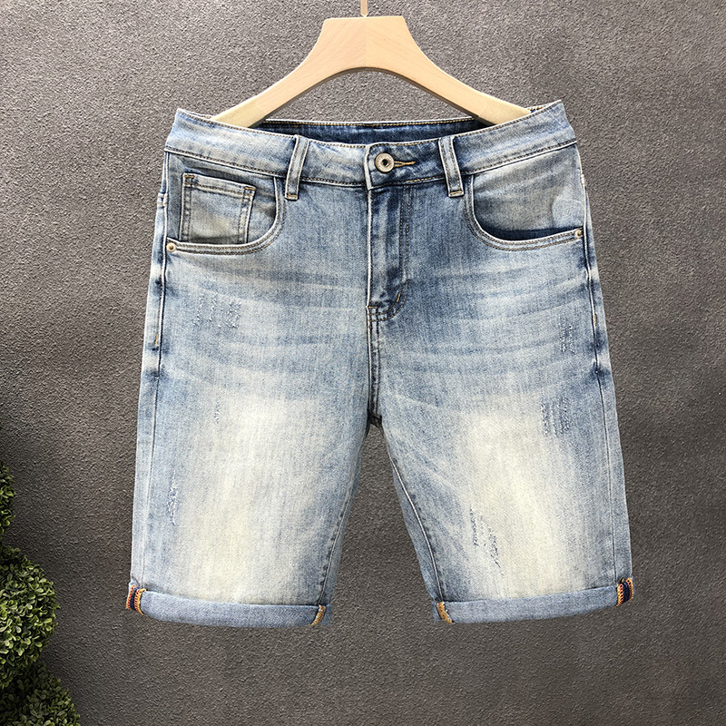 Light Blue Men's Distressed Denim Shorts High Waist Stylish Straight Leg Mid-Length Five Pocket Summer Trendy Clothing_mkmklike.com