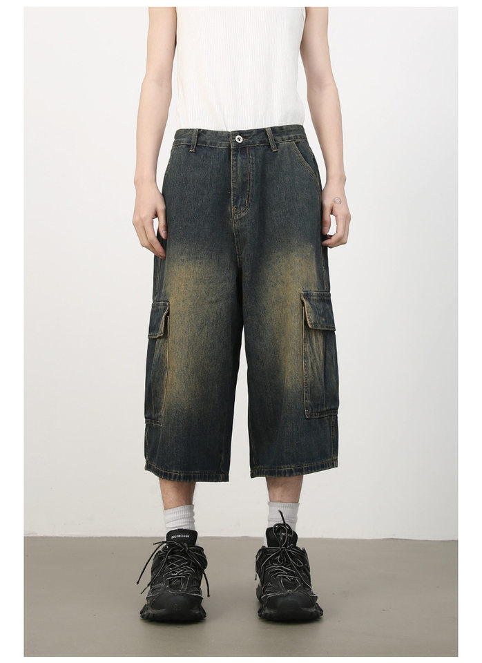 Quần short jean nam ống rộng nhiều túi phong cách hip-hop đường phố, quần lửng mùa hè — Màu xanh lam, Xanh lam làm cũ, Xanh lam nhạt chi tiết 11