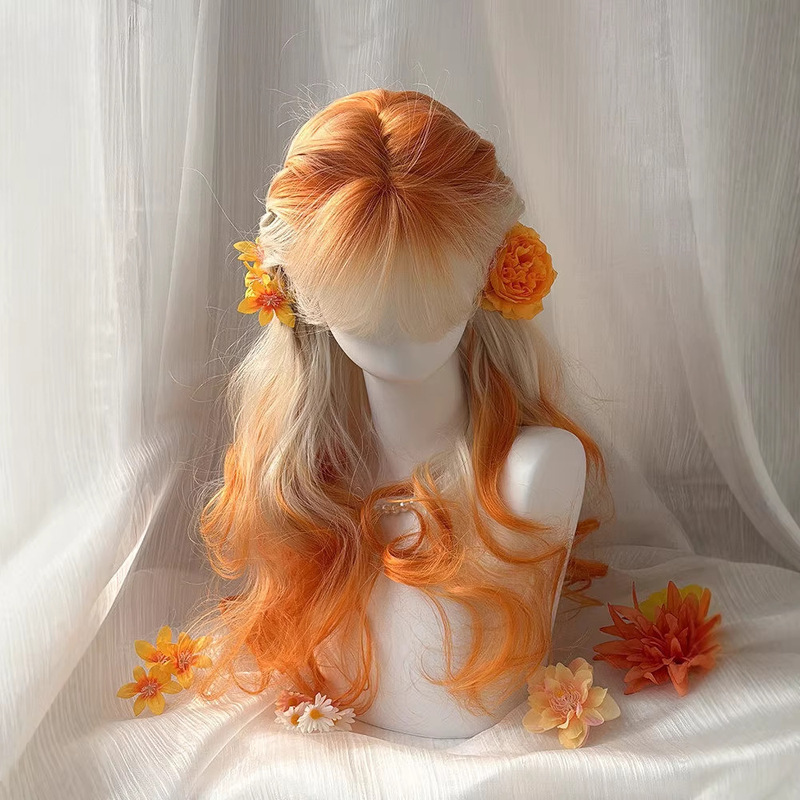 【Autumn Afterglow】White-Orange Gradient Long Wavy Wig with Parisian Dyeing, Lolita Full Head Wig 【Autumn Afterglow】White-Orange Gradient Long Wavy Wig with Parisian Dyeing, Lolita Full Head Wig