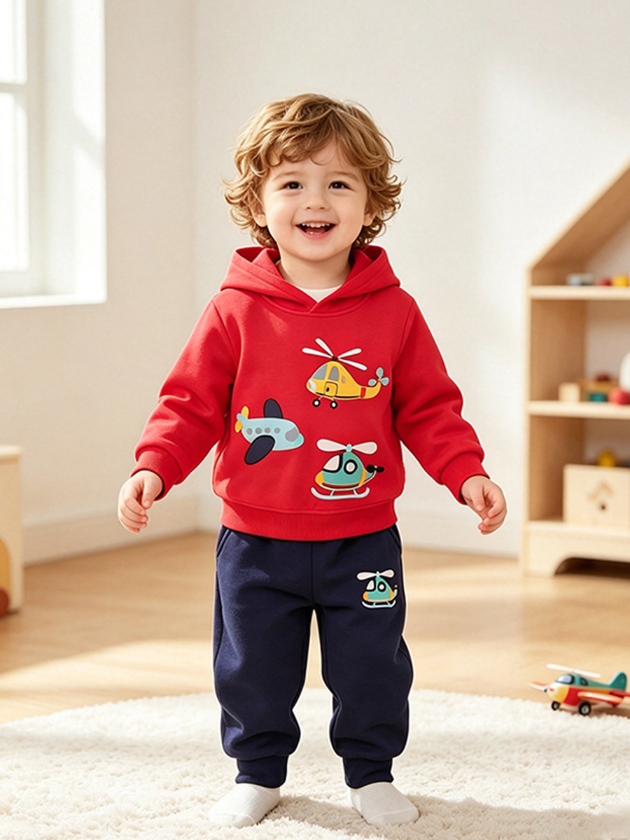 European and American cross-border autumn and winter 2026 boys' set: helicopter print hoodie and sweatpants two-piece set for toddlers and young children