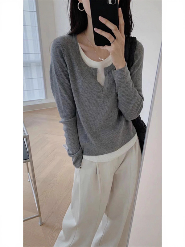 黑色假两件v领内搭打底衫女2025早秋新款修身显瘦百搭长袖上衣ins|undefined