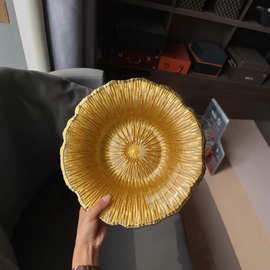欧式轻奢金色花朵果盘水果盘创意手工点心盘家用餐厅高级批发零售