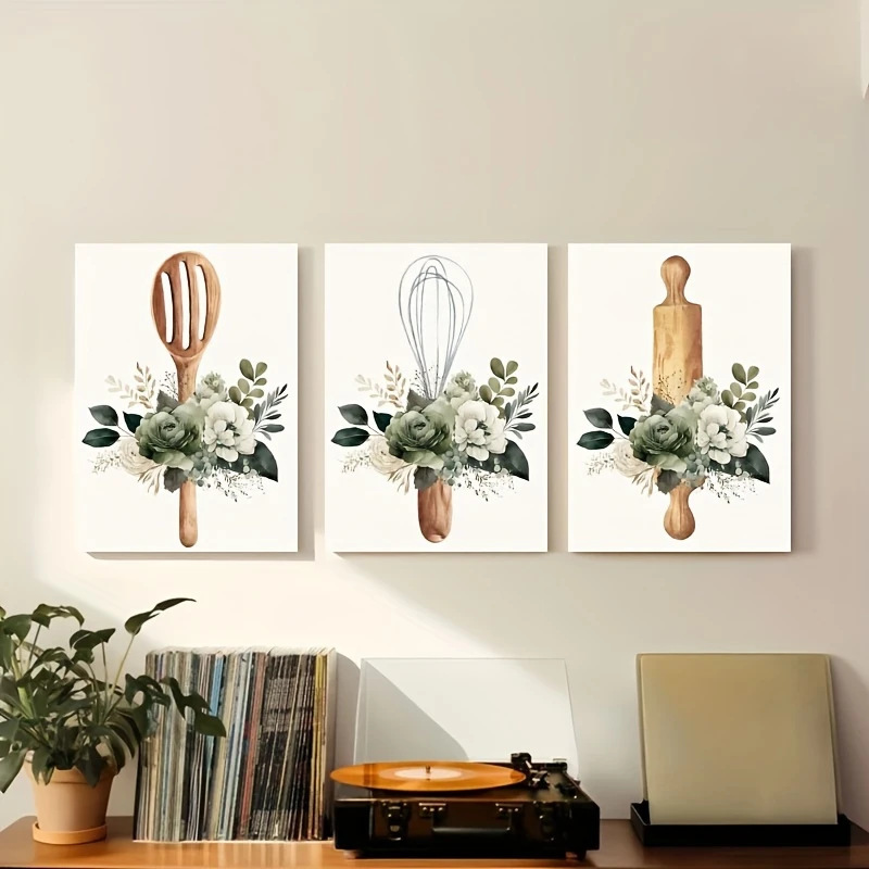 3-Piece Set of Frame Canvas Art Prints, Green Watercolor Florals and Kitchenware Design, Thick Pine Frame