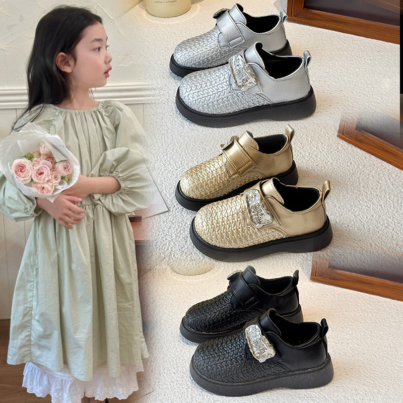 2025 Spring and Autumn New Girls' Fashion Children's Shoes Woven Kids' Single Shoes Korean Style Trendy Princess Round-Toe Leather Shoes