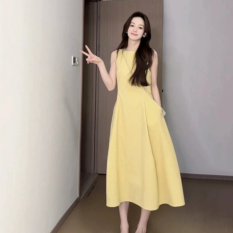 韓国版の女性用痩身ノースリーブドレス、新しい夏のスタイル、ウエストを絞った、高級気質、痩身、優しいスタイルのベストロングスカート|undefined